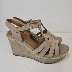 Clarks‎ Soft Cushion Wedge Sandals Women Beige Suede Espadrille Ankle Strap 7.5